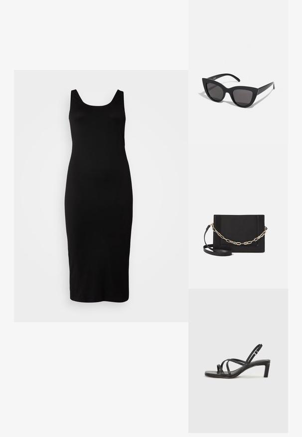 Vestido negro sin mangas con escote redondo, silueta ajustada, hasta la rodilla, hecho de un tejido suave, sin patrones o adornos visibles.; Sandalia negra de tiras con punta cuadrada y tacón bajo de bloque. Presenta múltiples tiras delgadas y una correa ajustable en el tobillo. Fabricada en cuero suave.; Gafas de sol negras en forma de ojo de gato con un acabado mate, que presentan lentes ahumados grises, ángulos pronunciados y brazos laterales elegantes. Nombre de la marca visible en el interior del brazo.; Bolso cruzado de piel negra con textura suave, forma rectangular y un detalle de cadena metálica en el frente. Incluye una correa ajustable.