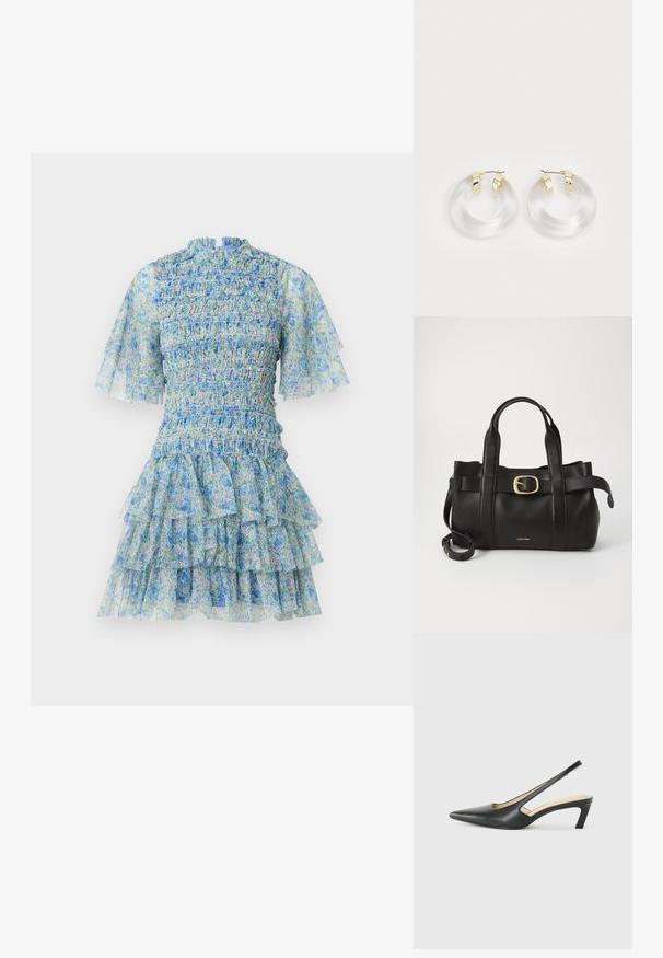 Malina MINNIE SHORT SLEEVE MINI DRESS - Dnevna obleka - ditsy; Črne čevlje s koničastimi nosovi in slingback obliko z nizko peto, izdelane iz gladke usnjene materiale ter s črtasto zasnovo na strani za prezračevanje.; Črna usnjena torba s strukturirano zasnovo, dvojni zgornji ročaji, zlato-tonirni zaponka kot dodatek in vtisnjeni logotip blagovne znamke spredaj.; Prozorne akrilne uhane v obliki obroča z zlatimi kovinskimi detajli in poliranim zaključkom. Imajo gladko, okroglo obliko.