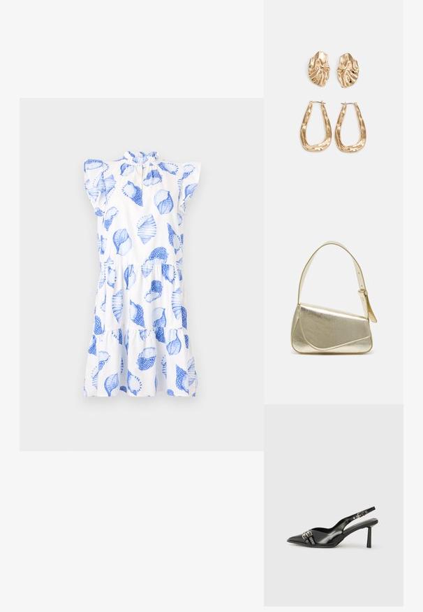 Balta kleita ar ziliem lapu rakstiem, ruļļveida kakla izgriezumu un īsām piedurknēm. Piedāvā daudzslāņu svārkus un brīvu piegriezumu.; Melnā patentēta ādas sandale ar norādītu purngalu, potītes siksniņām ar sudraba sprādzēm un aparatūru, kā arī smalku papēdi.; Zelta metāla somiņa ar strukturētu dizainu, gludu tekstūru un regulējamu siksniņu. Iezīmējas ar unikālu trīsstūrveida formu un minimālistisku šuvumu.; Zelta krāsas auskari ar teksturētām, viļņotām formām. Iekļauts skulpturāls piespraužams modelis un atvērta gredzenveida konstrukcija ar izsistām virsmām.