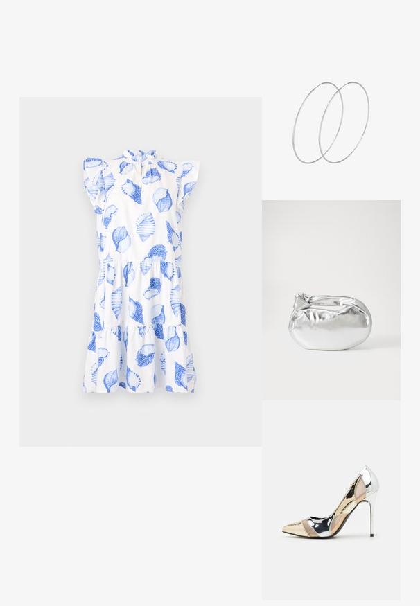 Valkoinen mekko sinisillä lehtikuvioilla, rypytetty pääntie ja lyhyet hihat. Sisältää kerroksittaisen helman ja rento istuvuus.; Korkokenkät, joissa on terävä kärki ja hopea, kultainen sekä nude-väriyhdistelmä. Kiiltävä pinta ja leikkausdesign, varustettuna stikettikorkealla.; Hopeapintainen metallinen pussilaukku, jolla on pehmeä, pyöreä muoto ja solmittava yläosa. Valmistettu sileästä tekonahkamateriaalista.; Hopehope hopeilla, joissa on minimalistinen muotoilu. Pyöreä muoto, sileä pinta ja ohut profiili. Kevyet ja kiillotetut.