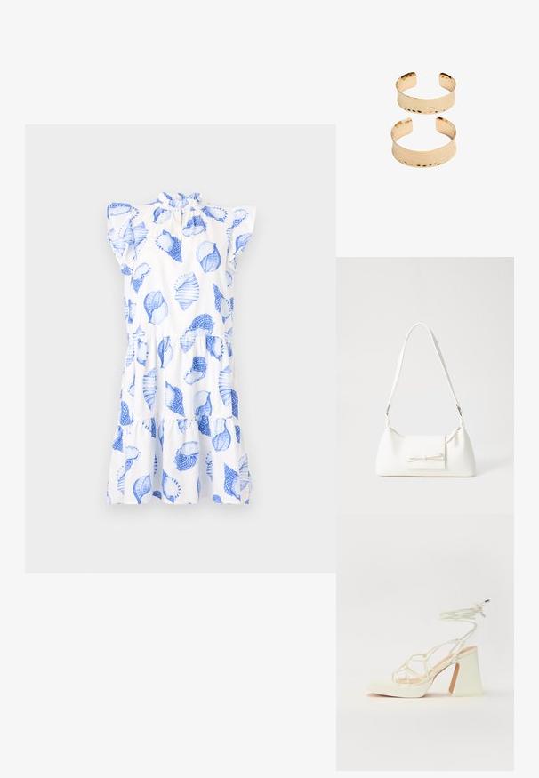 Biela šaty s modrými lístkovými vzormi, volánkovým výstrihom a krátkymi rukávmi. Obsahujú tiered sukňu a voľný strih.; Biele sandále na vysokom opätku s hrubým podpätkom, s pruhovaným dizajnom a viazaním na členku. Hladký povrch s platformou vpredu pre zvýšenú výšku.; Biela syntetická kabelka s trojuholníkovým tvarom, plochým predným klapkou a detailom mašle, nastaviteľným popruhom, hladkou textúrou a minimalistickým dizajnom.; Zlaté kovové náramky sistí textúrou, s otvoreným dizajnom a hladkými okrajmi. Zobrazené sú dve veľkosti: jedna širšia, druhá užšia.