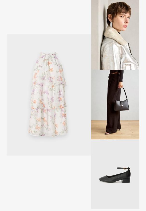 Rochie albă cu un model floral, având volane suprapuse. Prezintă flori combinați pastel de portocalie, mov și verde pe un material transparent. Detaliu la decolteu cu plisare.; Pantof cu toc negru din piele, cu vârf ascuțit și toc mic pătrat. Dispune de o curea la gleznă cu o cataramă în tonuri de aur. Textură netedă.; Genți negre cu o formă structurată, textură netedă și un închizător metalic. Asortată cu pantaloni negri largi și sandale cu vârf deschis pe un podea din lemn.; Jachetă din piele metalizată argintie cu guler din blană, având închidere prin fermoar și suprafață texturată. Cercei mari în formă de lacrimă cu pietre semiprețioase clare.