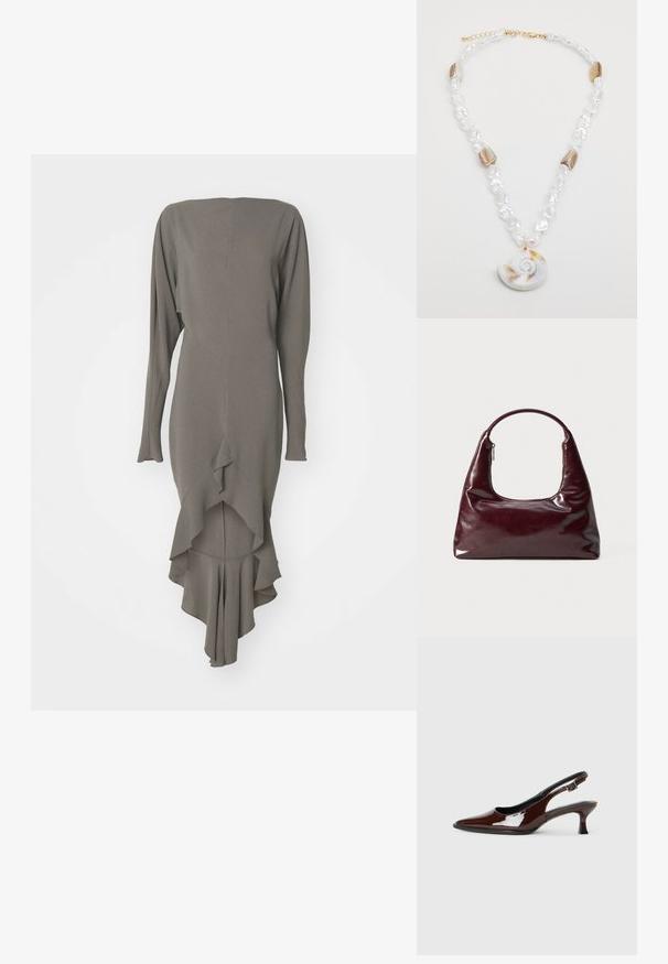 Dlouhé, přiléhavé šaty v olivově zelené tkanině, s lodním výstřihem, dlouhými rukávy a vrstveným volánkovým lemem, který končí do špičky.; Hnědé lakované kožené slingback boty s špičatou špičkou a mírným podpatkem. Disponují přezkou pro bezpečné upevnění. Hladký povrch.; Burgundská kožená kabelka s lesklým povrchem, zaoblenou rukojetí a zipovým víkem; má elegantní, minimalistický design.; Náhrdelník s centrálním motivem spirálové mušle, proložený nepravidelnými bílými perlami a zlatými akcenty. Nastavitelná řetízková spona.