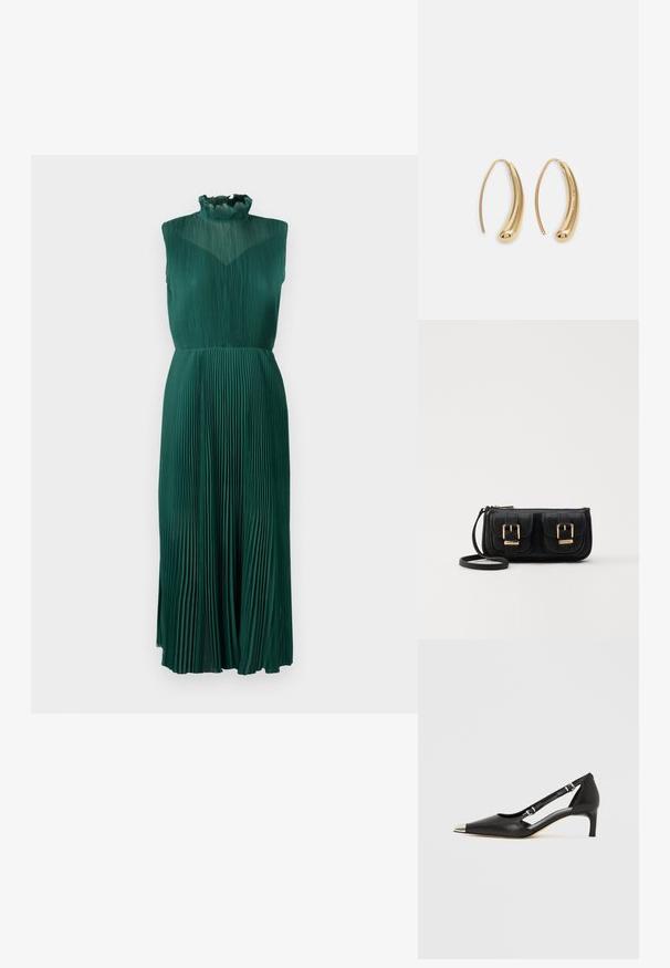 Grønn plissert kjole med høy volang hals, ermeløs design, flytende stoff og midje-lang silhuett. Glatt, teksturert finish.; Sort skinn kittenhel med spiss sølv tåhette og doble spenne-stropper på hvit bakgrunn.; Svart skinn crossbody veske med to frontlommer, gyldne spenner, glidelåslukking og en slank stropp. Teksturert overflate og kompakt rektangulær form.; Gullfargede metalløredobber med en buet, forlenget form. Har en jevn, blank overflate og en avrundet tupp for ekstra detaljer.