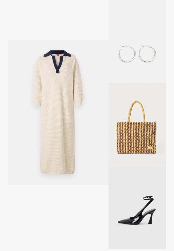 Gara, krēmkrāsas kleita ar strukturētu audumu, kurai ir tumši zils apkaklis un V-veida kakla izgriezums. Trīs ceturtdaļu piedurknes noslēdz izskatu.; Melnas patentā ādas augstpapēžu kurpes ar norādītu purngalu, regulējamu potītes siksniņu un mērenu bloku papēdi. Gluda tekstūra ar spīdīgu apdari.; Auduma soma brūnā un dzeltenā krāsā, ar taisnstūra formu, divām rokturu siksnām un teksturētu apdari ar redzamām šuvēm un zīmola birku.; Sudraba riņķa auskariem ir gluda, noapaļota forma ar plānu profilu un drošu aizdari. Minimālistisks stils ar izpolētu apdari.