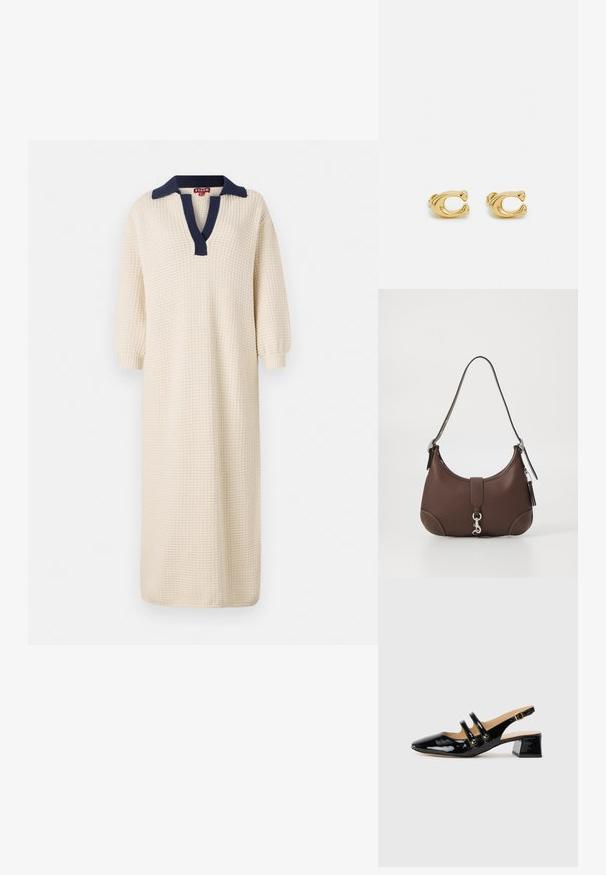 Długa, kremowa sukienka z teksturowanej tkaniny, z granatowym kołnierzem i dekoltem w kształcie litery V. Rękawy o długości trzech czwartek dopełniają całość.; Czarne lakierowane buty typu slingback z wystającym czubkiem, z dwoma paskami, złotymi okrągłymi akcentami i niskim blokowym obcasem.; Brązowa skórzana torebka o zaokrąglonym kształcie, ze srebrnymi elementami i dekoracyjnym przeszyciem. Posiada pasek na ramię i zapięcie na zamek.; Złote metalowe kolczyki o gładkim, zaokrąglonym kształcie z wyraźnym motywem litery 'C'. Mały rozmiar, błyszczące wykończenie i zapięcie na klamrę zapewniające pewne noszenie.