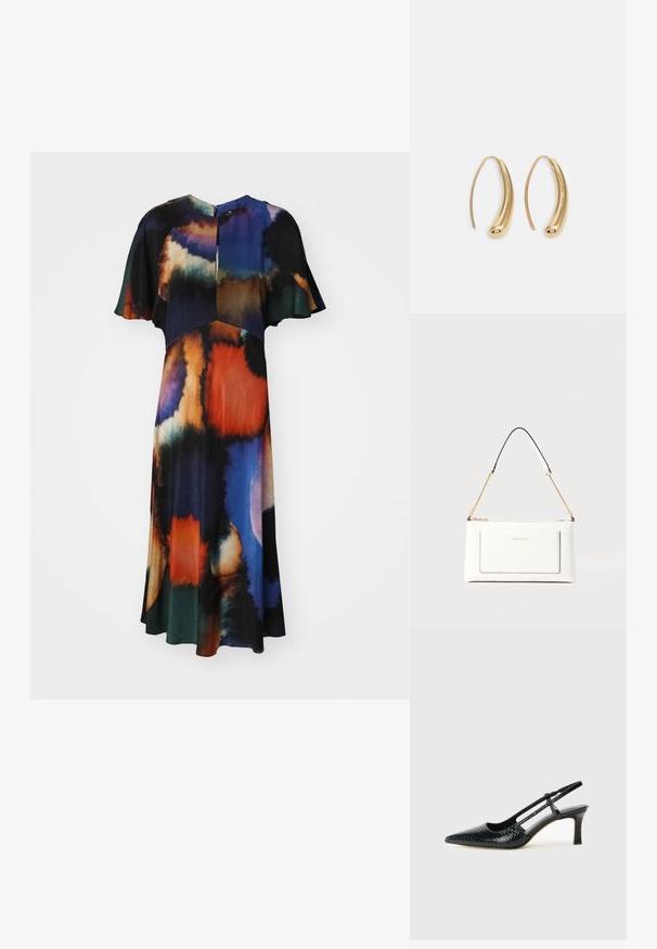 Vestido com padrão floral, apresentando mangas curtas em estilo leve, decote redondo e fecho de zíper nas costas, com cores vibrantes, incluindo azul, laranja e preto.; Salto slingback em patente preta com bico apontado, apresentando um padrão de pele de cobra texturizado, tira ajustável e um salto bloco curto e texturizado.; Bolsa de mão branca em couro com acabamento texturizado, featuring a corrente dourada e detalhes pretos. Inclui um bolso frontal e fecho com zipper.; Brincos em metal dourado com forma de arco alongado e curvado. Apresentam uma superfície lisa e brilhante, com uma ponta arredondada para um detalhe adicional.