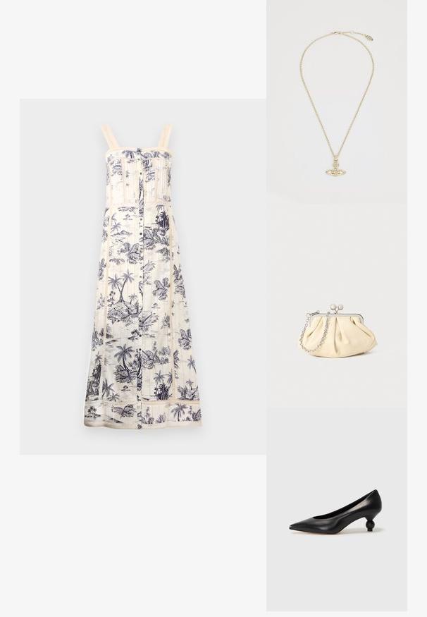 Maxi-jurk in crème met een marineblauw palmbomenprint. Heeft verstelbare bandjes, een knopenfront en een gestructureerde kantafwerking langs het lijfje en de zoom.; Zwarte leren hoge hak schoen met een spitse neus en een ronde, bolle hak. Gladde textuur met een elegant, minimalistisch ontwerp.; Geplooide beige leren clutch met een zilveren metalen frame, voorzien van twee ronde decoratieve sluitingen en een zilveren kettingriem.; Vivienne Westwood MAYFAIR BAS RELIEF PENDANT - Ketting - gold-coloured