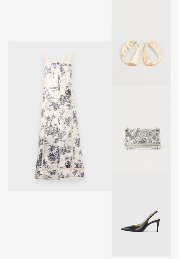 Maxi-jurk in crème met een marineblauw palmbomenprint. Heeft verstelbare bandjes, een knopenfront en een gestructureerde kantafwerking langs het lijfje en de zoom.; Zwarte leren slingback-hakken met een spitse neus, verstelbare band en een elegante stiletto-hak, met een gladde afwerking.; Zilverkleurige metalen handtas met kettinghandgreep, gequiltte textuur, decoratieve stiksels en een ritssluiting. Kenmerkt gegraveerde accenten aan de voorkant.; Een paar onregelmatig ovale, gouden metalen oorbellen met een gestructureerd, lichtgehamerd oppervlak op een witte achtergrond.