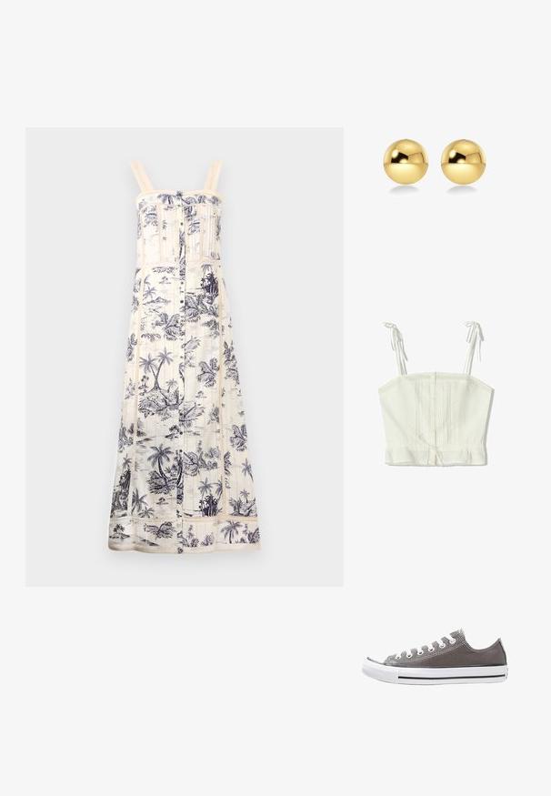 Maksi obleka v kremni barvi s temno modrim motivom palmov. Ima nastavljive naramnice, gumbasto zapiranje spredaj in teksturiran čipkast obrob. ; Bela bombažna kratka majica s prilagodljivimi vrvicami, gumbi spredaj, nabranim dizajnom in čipkastim robom. Gladka tekstura, lahka tkanina.; Sive platnene superge z belo gumijasto podplatom, črnim trakom in kovinskimi očesi. Imajo okroglo konico, nizko zasnovo in teksturirano tkanino.; Zlate okrogle uhane z sijočo, odsevno površino. Oblika je preprosta in gladka, kar ustvarja sodoben, minimalističen videz.