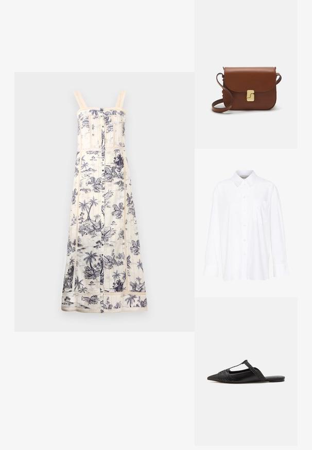 Maxi-jurk in crème met een marineblauw palmbomenprint. Heeft verstelbare bandjes, een knopenfront en een gestructureerde kantafwerking langs het lijfje en de zoom.; Witte lange mouwen overhemd met kraag van katoen. Voorzien van een knoopsluiting aan de voorkant en een enkele borstzak. Een gladde textuur en een ontspannen pasvorm.; Zwarte leren slingback schoen met een puntige neus, voorzien van een gevlochten accent en geplooid ontwerp aan de bovenkant. Platte zool met minimale hardware.; Bruine leren handtas met een klep sluiting, gouden hardware, een schouderband en een gladde textuur. Compact rechthoekige vorm.