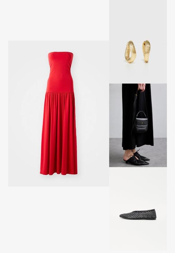 Červené maxi šaty bez ramienok s priliehavým korzetom a nariasenou, splývavou sukňou. Vyrobené z hladkej, ľahkej tkaniny.; Čierne tkané nazúvacie topánky s mriežkovým dizajnom, plochou podrážkou a hladkým gumovým materiálom, ktoré poskytujú priedušnosť a flexibilitu.; Malá čierna kožená kabelka zaobleného tvaru, s hornou rukoväťou a odnímateľným popruhom. Nosená s čiernymi látkovými šatami a čiernymi plisovanými topánkami.; Náušnice v zlatej farbe vo forme kruhu s točiacim sa dizajnom, s drážkovanou textúrou a hladkým povrchom. Ľahká a prázdna konštrukcia.