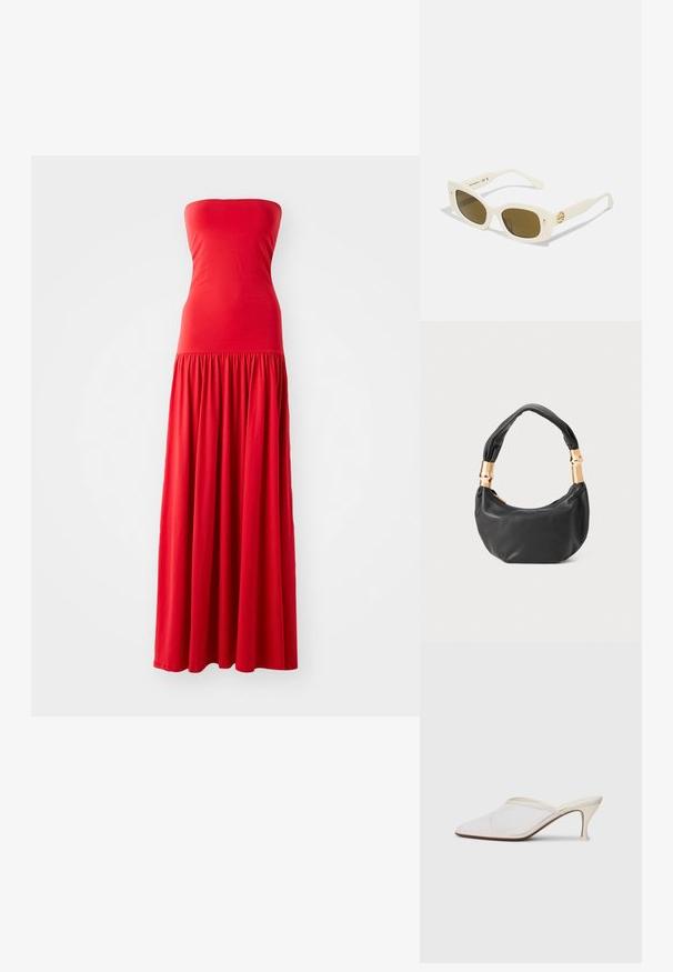 Raudona nėriniuota maksi suknelė be petnešėlių su prigludusiu liemeniu ir susiraukusiu, plazdančiu sijonu. Pagaminta iš lygios, lengvos medžiagos.; Baltos tinklelio smailiakojės mules su plonu vidutinio aukščio kulnu ir užkulnio dizainu ant vientiso fono.; Baltos plastikinės saulės akinių rėmas, stačiakampis, rudi lęšiai ir auksinė detalė ant šventyklos. Sklandžią tekstūrą ir modernų dizainą.; Juodas odinis rankinukas apvalios formos, minkštos tekstūros su susietu rankena ir auksinės spalvos detalėmis. Užtrauktuko uždarymas.