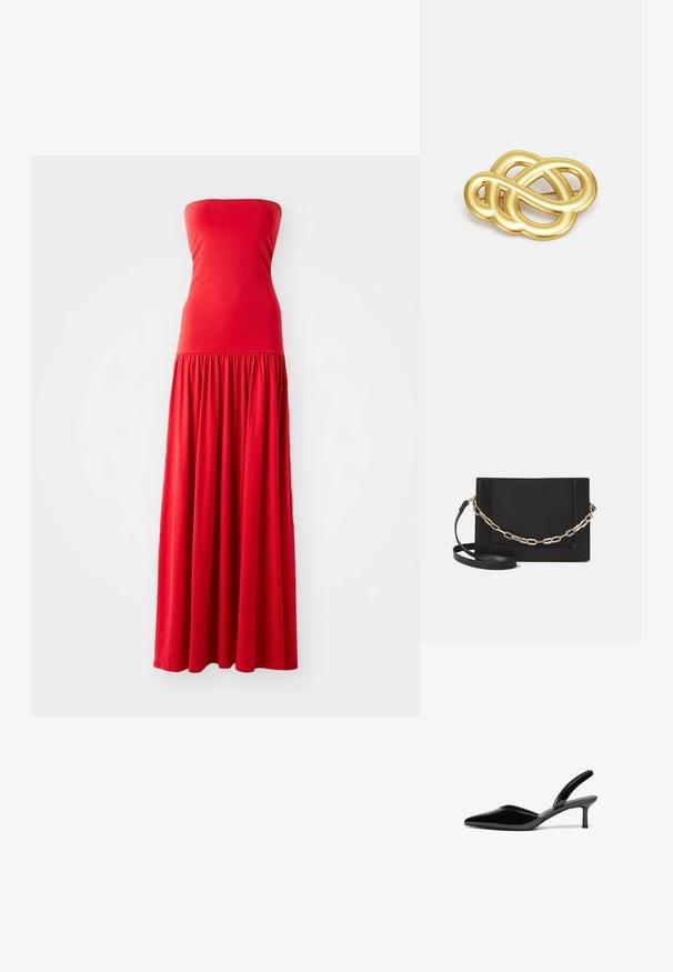 Red strapless maxi dress with a fitted bodice and a gathered, flowing skirt. Made from smooth, lightweight fabric.; Black patent leather slingback heels with a pointed toe, low stiletto heel, and a sleek, simple design without embellishments.; Black leather crossbody bag featuring a smooth texture, rectangular shape, and a metallic chain detail on the front. Adjustable strap included.; Gold-tone brooch featuring a knotted design with smooth, curved lines and an intricate shape, reflecting a polished finish.