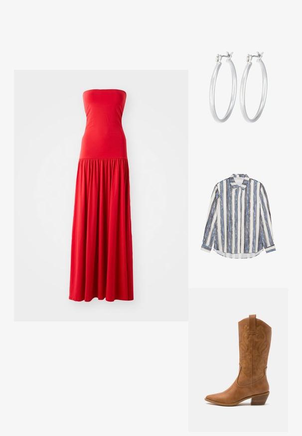 Red strapless maxi dress with a fitted bodice and a gathered, flowing skirt. Made from smooth, lightweight fabric.; Button-up shirt featuring vertical stripes in shades of blue, black, and white. Made of smooth fabric with a classic collar and button closure.; Tan leather cowboy boot with pointed toe, embroidered swirl patterns on shaft, and a stacked block heel. Features a pull tab for easy wear.; Silver hoop earrings with a smooth, polished finish. Round shape and secure click-top closure. Lightweight design suitable for everyday wear.