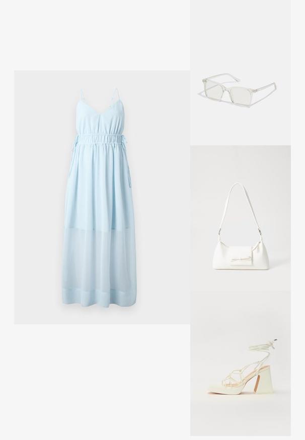Vestido maxi sem mangas azul claro com decote em V, cintura elástica e camada inferior fluida e transparente. Alças ajustáveis e textura de tecido suave.; Sandálias brancas de salto alto com um salto robusto, apresentando um design com tiras e amarração no tornozelo. Textura suave com uma plataforma na frente para altura adicional.; Óculos quadrados de plástico transparente com lentes translúcidas, apresentando detalhes em dourado nas hastes.; Mala sintética branca com formato triangular, aba frontal plana e detalhe de laço, alça ajustável, textura suave e design minimalista.