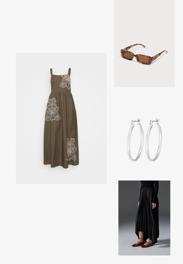 Kakijeva maksi haljina s bijelim cvjetnim vezom sprijeda, tankim naramenicama i lepršavom A-siluetom.; Crna plisirana suknja s visokim i niskim rubom, uparena s sjajnim crvenim balerinkama s dizajnom trakice. Tkanina ima glatku teksturu.; Naočale u obliku tortoiseshella s pravokutnim smeškim lećama, debelim okvirom i tankim nogicama koje imaju uzorak od različitih nijansi smeđe boje.; Srebrne kružne naušnice s glatkom, poliranom površinom. Okrugli oblik i sigurno kopčanje na klik. Lagani dizajn pogodan za svakodnevno nošenje.