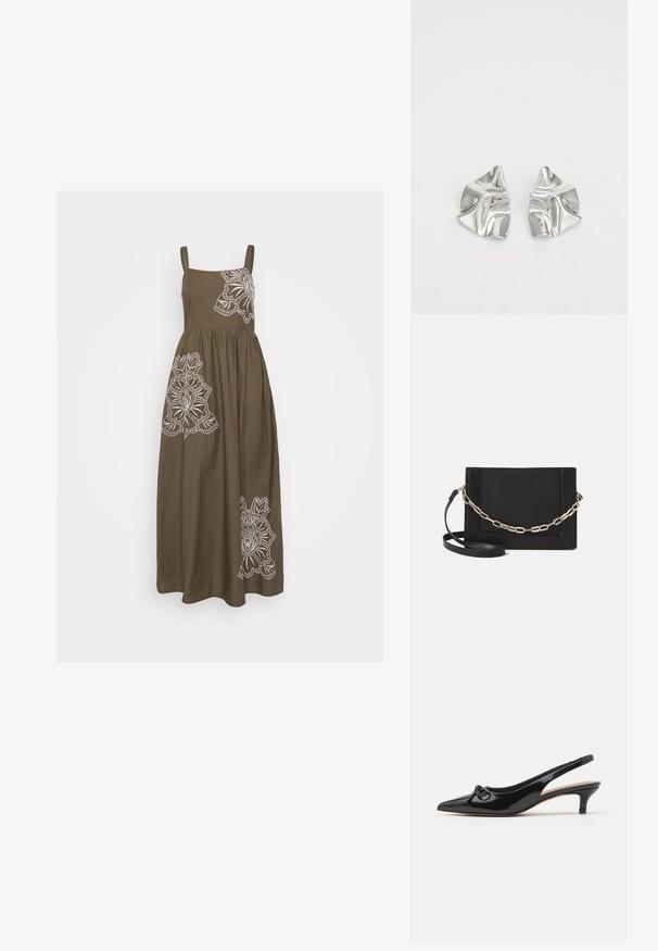 Khaki maxi šaty s bílou květinovou výšivkou na přední straně, s tenkými ramínky a splývavou sukní ve tvaru A.; Černá laková dámská botka na podpatku se špičatou špičkou, malým podpatkem a dekorativní mašlí na nártu. Hladký povrch celkově.; Černá kožená crossbody taška s hladkým povrchem, obdélníkovým tvarem a kovovým řetízkem na přední straně. Součástí je nastavitelný popruh.; Stříbrné kovové náušnice s vlnitým, sochařským designem s leštěným povrchem a nepravidelnými tvary, které zdůrazňují moderní estetiku.