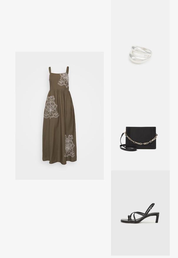 Khaki maxi šaty s bielym kvetinovým vyšívaním na prednej strane, so tenkými ramienkami a splývavou A-čkovou sukňou.; Čierne sandále na vysokom podpätku so štvorcovou špičkou a nízkym blokovým podpätkom. Obsahujú viacero tenkých popruhov a nastaviteľný členkový popruh. Vyrobené z hladkej kože.; Čierna kožená crossbody taška s hladkou textúrou, obdĺžnikovým tvarom a kovovým reťazovým detailom na prednej strane. Súčasťou je nastaviteľný popruh.; Strieborný prsteň s dvojitým pásikom s hladkým, lesklým povrchom. Má plynulý, zakrivený dizajn s prekryvajúcimi sa časťami pre moderný vzhľad.