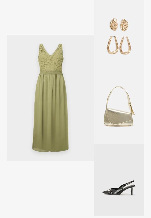 Olívovo zelené šaty s čipkovaným korzetom, V-výstrihom a akcentovaným pásom. Látková sukňa voľne spadne po lýtka a má textúrovanú tkaninu.; Čierne lakované kožené slingback topánky s špicatou špičkou, remienkami okolo členku s striebornými prackami a hardvérom, a štíhlým podpätkom.; Zlatá metalická kabelka so štruktúrovaným dizajnom, hladkou textúrou a nastaviteľným popruhom. Obsahuje jedinečný trojuholníkový tvar a minimalistické šitie.; Náušnice v zlatej farbe s textúrovanými, vlnitými tvarmi. Obsahujú sochárske klipsové náušnice a otvorený tvar krúžku s kladivkovým povrchom.