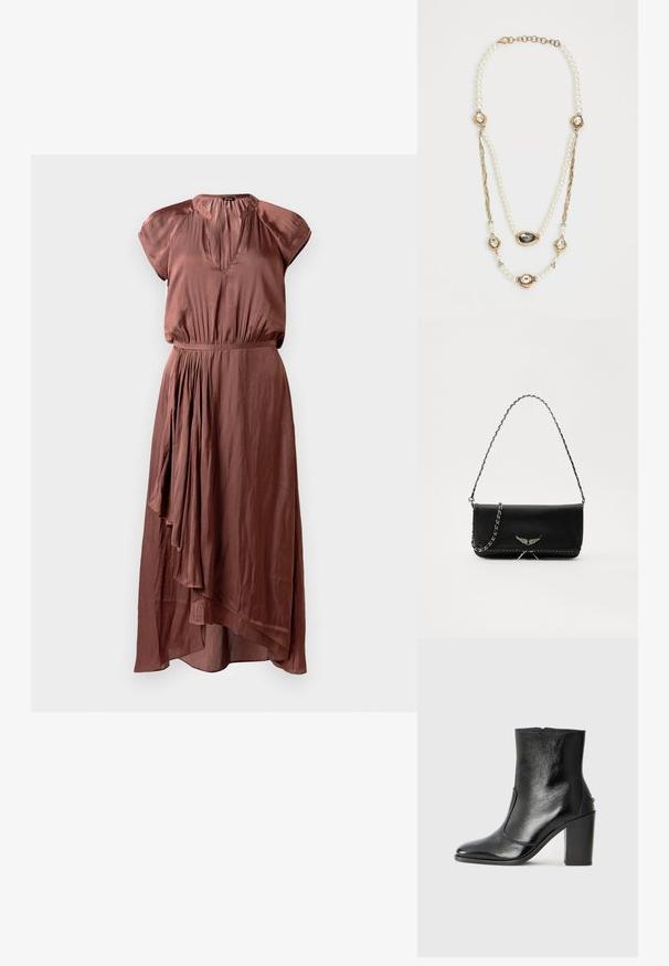 Vestido midi marrón de tela suave, con mangas cortas tipo capa, una cintura plisada y un dobladillo asimétrico con un diseño fluido.; Botín negro de cuero con textura suave, puntera puntiaguda y un tacón alto y robusto. Presenta una apertura lateral y un diseño minimalista.; Bolso de mano de cuero negro con una correa de cadena plateada, que presenta acentos decorativos en forma de alas y costuras blancas a lo largo de la costura inferior.; Collar de perlas con acentos dorados, tres engastes en forma de gemas y una sección de cadena trenzada. La paleta de colores incluye blanco y dorado.