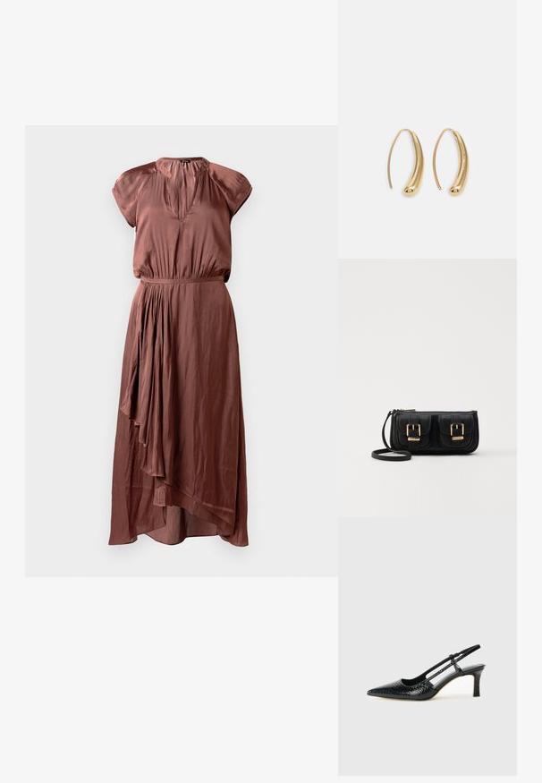 Rochie midi maro dintr-un material neted, cu mâneci scurte tip capac, talie pliată și un tiv asimetric cu un design fluid.; Pantofi cu toc slingback negri din patent, cu vârf ascuțit, cu imprimeu de șarpe texturat, curea ajustabilă și toc scurt texturat.; Geantă neagră din piele, tip crossbody, cu două buzunare frontale, catarame aurii, închidere cu fermoar și o curea subțire. Suprafață texturată și formă rectangulară compactă.; Cercei din metal auriu, cu un design curbat și alungit. Au o suprafață netedă și strălucitoare, cu un vârf rotunjit pentru un detaliu suplimentar.