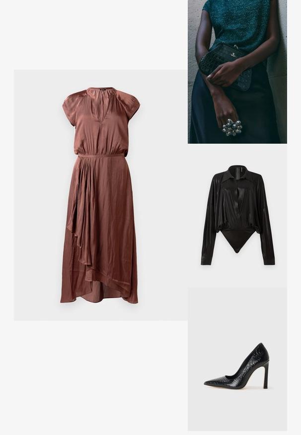 Vestido midi castanho em tecido suave, com mangas curtas tipo cap, cintura plissada e uma bainha assimétrica com um design fluido.; Bodysuit preto com mangas longas, decote em V e silhueta ajustada. Feito de um tecido brilhante e suave, com colarinho e punhos estruturados.; Sapato de salto alto de bico fino preto com textura de pele de crocodilo, apresentando um design elegante, salto agulha alto e interior preto suave.; Clutch bag preta com padrão de crocodilo e acessórios em prata, sostenida contra um fundo cinza texturizado. Apresenta uma superfície brilhante.