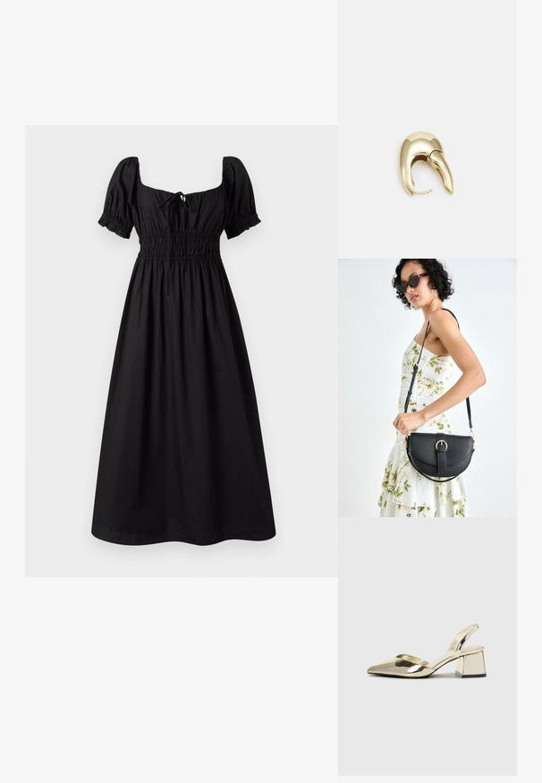 Crna haljina do koljena s kratkim naboranim rukavima, kvadratnim izrezom i gumiranim strukom. Izrađena od lagane tkanine s glatkom teksturom.; Zlatni metalik slingback sandali s šiljatim vrhom i debelim potpeticama. Glatka tekstura, minimalistički dizajn i uski remen.; Crna kožna torba s lukovitim oblikom, odvojivim remenom i zlatnim detaljima. Torba ima preklop s kopčom.; Zlatne metalne naušnice s elegantnim, zakrivljenim dizajnom. Imaju karakterističan šiljast oblik, poliranu površinu i zatvaranje na šarku.