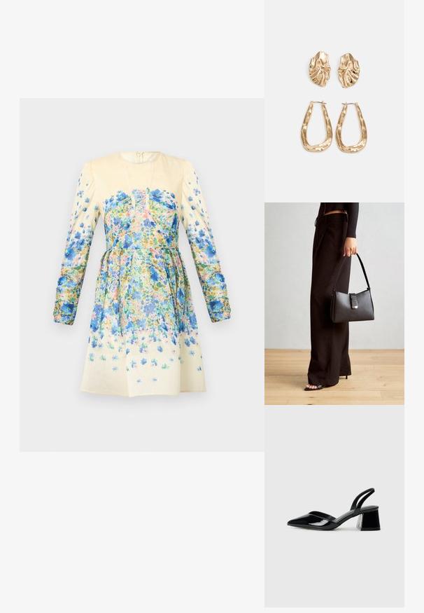 Cvjetna haljina u bež boji s dugim puf rukavima, ukrašena višebojnim printom u plavoj, ružičastoj i zelenoj boji. Uže strukirano i s suknjom u obliku zvona.; Crne lakirane kožne sandale s otvorenom petom i špicastim vrhom, s geometrijskom blok petom. Imaju elegantan, minimalistički dizajn i glatku teksturu.; Crna torba s oblikom koji sadrži strukturu, glađu teksturu i metalnu kopču. Uparena s širokim crnim hlačama i sandalama na otvorenom s drvenog poda.; Naušnice zlatne boje s teksturiranim, valovitim oblicima. Uključuju skulpturalne kopče i dizajn otvorene kružnice s kovanom završnom obradom.
