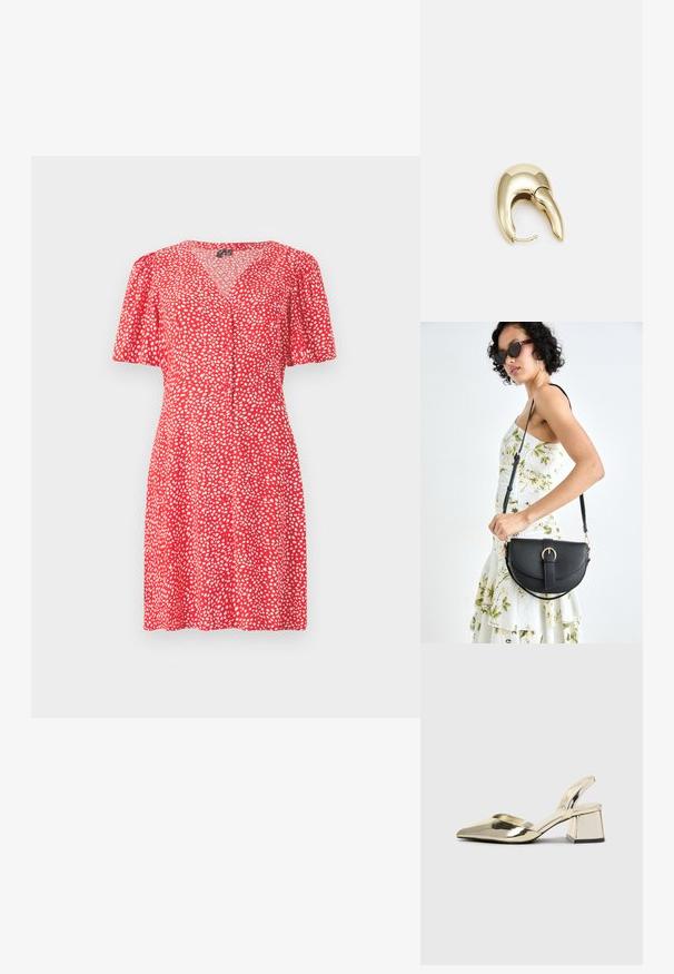 Rød kjole med V-hals og korte pufferm. Den har et hvitt prikkete mønster og knappdetaljer foran. Letvint stoff.; Gull, metallisk slingback-hæler med spiss tå og chunky hæl. Glatt tekstur, minimalistisk design og en smal stropp.; Svart lærveske med en buet form, avtagbar stropp og gullbeslag. Vesken har et klaff med spenne-detall.; Gullfarget metalløredobber med et elegant, buet design. Har en karakteristisk spiss form, polert overflate og hengsel-lukking.