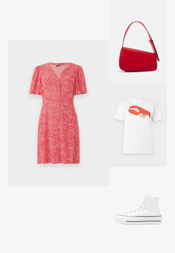Raudona suknelė su V formos iškirpte ir trumpomis pūstuvių rankovėmis. Ji pasižymi baltais taškeliais ir mygtukai, išdėstyti priekyje. Lengvas audinys.; Balta medvilnė marškinėliai su dideliu, ryškiu raudonu omaru grafiku priekyje. Trumpomis rankovėmis ir standartiniu apvaliu kaklu.; Balti aukštakulniai drobės sportbačiai su juodu guminio pado, priekinio guminio piršto dangteliu ir šešiais akytėmis raištams, pasižymintys švariu, minimalistiniu dizainu.; Raudona odinė rankinė su kampuota, geometrine forma. Pasižymi viena reguliuojama dirželiu ir dangteliu su siuvinėtais dekoracijomis.