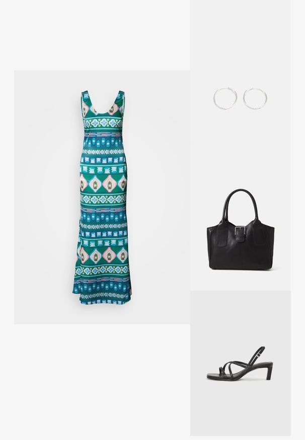 Maxi šaty vyrobené z hladkej látky s rôznymi geometrickými vzormi v modrej, zelenej, ružovej a bielej farbe. Medzi atrakcie patrí kvetinový a lampášový motív.; Čierne sandále na vysokom podpätku so štvorcovou špičkou a nízkym blokovým podpätkom. Obsahujú viacero tenkých popruhov a nastaviteľný členkový popruh. Vyrobené z hladkej kože.; Čierna kožená taška s hladkou textúrou, štruktúrovaným tvarom, dvoma uchami a výrazným strieborným prackovým detailom na prednej strane.; Strieborné kruhové náušnice s elegantným, okrúhlym dizajnom, s hladkým povrchom a bez viditeľných ozdôb. Priemer nie je špecifikovaný.