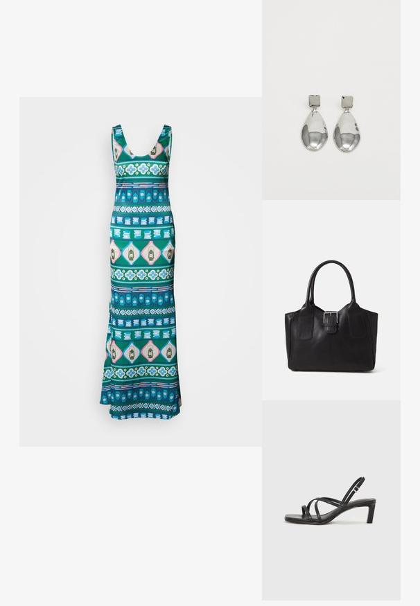 Maxi obleka, izdelana iz gladkega materiala, z različnimi geometrijskimi vzorci v modri, zeleni, roza in beli barvi. Poudarki vključujejo cvetlične in svetilniške motive.; Črne natikače s trakovi in kvadratnim prstom ter nizkim blokastim peto. Imajo več tankih trakov in nastavljiv trak okoli gležnja. Narejene so iz gladkega usnja.; Črna usnjena torba s gladko teksturo, strukturirano obliko, dvema ročkama in izrazitim srebrnim sponko na sprednji strani.; Srebrni uhani z kvadratnim studom, ki imajo gladko, polirano površino in obliko kapljice, ki odbija svetlobo z sijočo površino.
