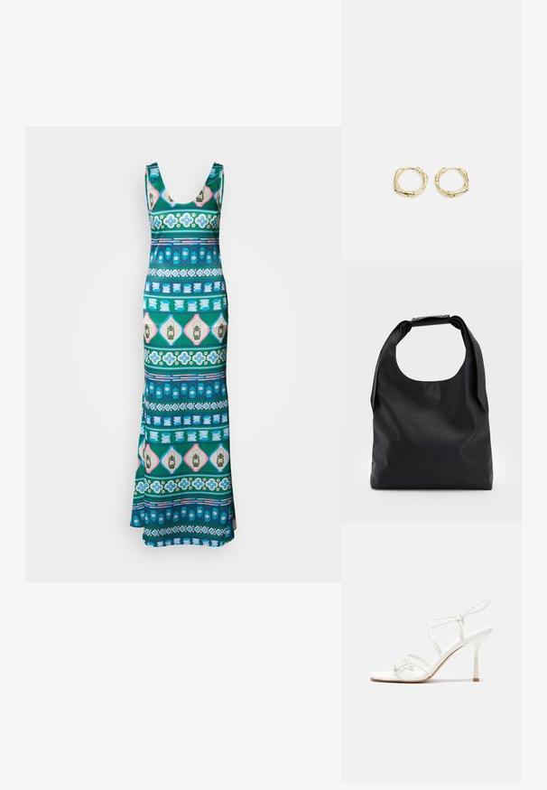 Maxi suknelė, pagaminta iš glotnaus audinio, su įvairiomis geometrinėmis raštinėmis mėlynos, žalios, rožinės ir baltos spalvų. Išskirtiniai akcentai apima gėlių ir žibintų motyvus.; Baltas dirželis su aukštu kulnu sandalai su plokščiu pirštu, tekstūruota priekinė dalis su susiraukšlėjimais ir plonas kulkšnies dirželis.; Juoda odinė rankinė su plačiu atviru viršumi ir vienu petnešėlio dirželiu. Minkšta tekstūra, minimalistinis dizainas, subtilūs metaliniai akcentai.; Aukso žiedo auskarai su tekstūruotu, netaisyklingu paviršiumi. Yra be siūlių užsegimas ir poliruotas paviršius, akcentuojantis modernų dizainą.