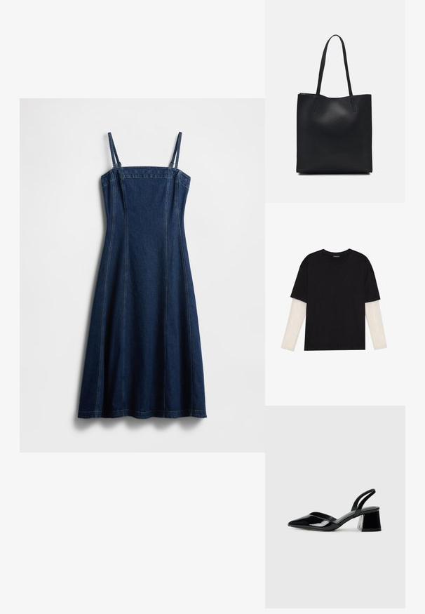 Traper haljina s tankim naramenicama, tamnoplave boje, A-kroja, s okomitim šavovima i urednim rubom. Izrađena od čvrste, teksturirane traperske tkanine.; Crni majica od pamuka, s kratkim rukavima preko bijele dugorukave slojevite s suptilnim teksturiranim uzorkom. Dizajn s okruglim izrezom.; Crne lakirane kožne sandale s otvorenom petom i špicastim vrhom, s geometrijskom blok petom. Imaju elegantan, minimalistički dizajn i glatku teksturu.; Crna kožna torba za nošenje s glatkom teksturom, pravokutnim oblikom i dvije duge ručke. Nema vidljivih metalnih dijelova ili ukrasa.