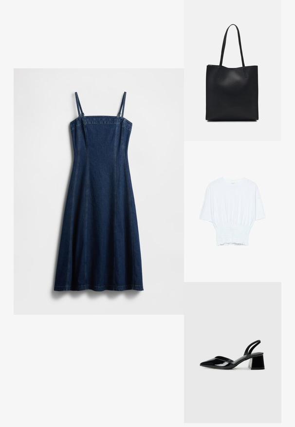 Farkkumekko ohuilla olkaimilla, tummansininen väri, A-linjainen malli, pystysuorat saumat ja siisti helma. Valmistettu vahvasta, teksturoidusta farkkukankaasta.; Valkoinen lyhythihainen t-paita, jossa on rento leikkaus ja frillattu tekstuuri vyötäröllä. Valmistettu pehmeästä, kevyestä kankaasta.; Mustat patentoitu nahkakengät, joissa on säären takaosa ja terävä kärki, sekä geometrinen palikkakorko. Sisältää tyylikkään, minimalistisen muotoilun ja sileän pinnan.; Mustapahkainen kangaskassi, jossa on sileä pinta, suorakaiteen muotoinen ja kaksi pitkää kahvaa. Ei näkyvää metalliosaa tai koristeita.