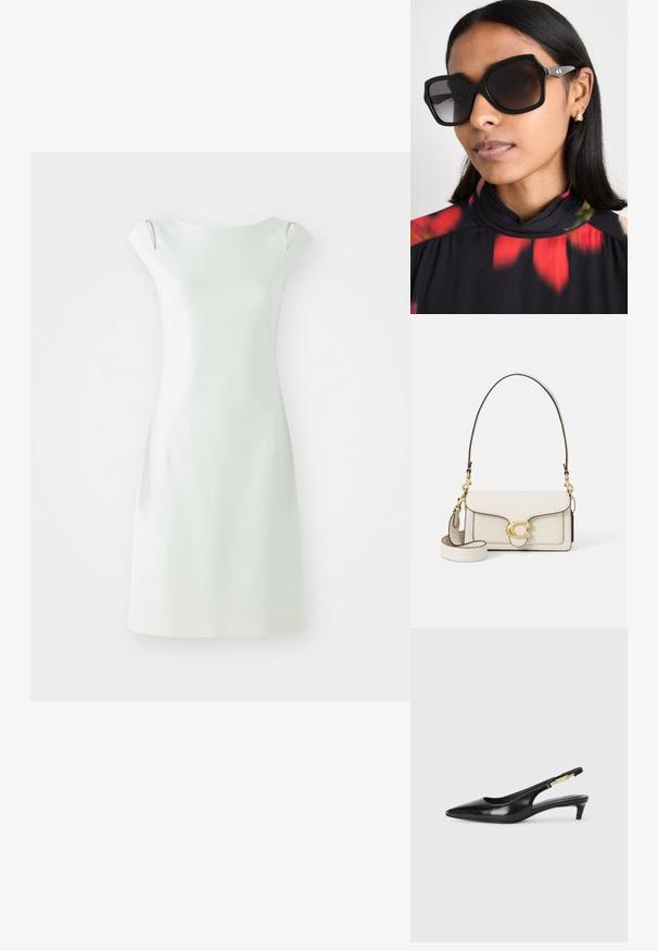 Kratka bijela haljina jednostavne siluete, okruglog izreza i rukava na kap. Glatka tekstura, minimalistički dizajn, s bočnim izrezima.; Crne kožne sandale s petom, s izduženim vrhom, imaju usku petu i zlatni akcent na podesivoj traci. Glatka tekstura.; Crne oversized sunčane naočale s geometrijskim okvirom, tamno zatamnjenim staklima i zlatnim akcentima, uparene s bluzom s cvjetnim uzorkom i visokim ovratnikom.; Kremasta kožna torba s oblikovanjem, kontrastnim crnim rubovima, zlatnim detaljima i odvojivim remenom s potpisanim logotipom.