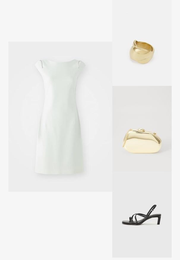 Lyhyt valkoinen mekko yksinkertaisella siluetilla, pyöreällä kaula-aukolla ja puolihihalla. Sileä rakenne, minimalistinen muotoilu, jossa on sivuleikkaukset.; Mustat hihnalligat, joissa on neliön muotoinen kärki ja matala lohkokorko. Ominaisuuksiin kuuluu useita ohuita hihnoja ja säädettävä nilkkahihna. Valmistettu sileästä nahasta.; Metallinen kultainen clutch, jossa on sileä ja pyöreä muoto. Sen yläosassa on nappilukko ja pieni ketjuhihna kuljettamista varten.; Kultainen sormus, jossa on sileä, kierretty muotoilu. Sormuksessa on kiiltävä pinta ja pyöristetyt reunat, mikä luo saumattoman, virtaviivaisen muodon.