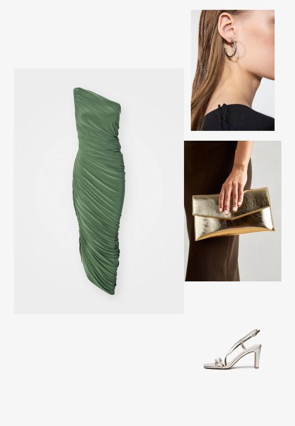 Zelena obleka z enim ramenom, izdelana iz nabranega, teksturiranega blaga, ki se prilega telesu in se razteza do roba.; Metalne srebrne sandale na visoki peto z odprtim prstom, ki imajo tri tanke naramnice čez nogo in naramnico okoli gležnja z zaponko.; Zlatna metalna torbica s glatko teksturo, ki ima trikotno zapiranje. Roka, ki jo drži, ima lepo urejene nohte.; Srebrna obročasta uhana s polirano površino, ki vključuje majhne zlate poudarke in okroglo obliko, nošena na ušesnem lobu.