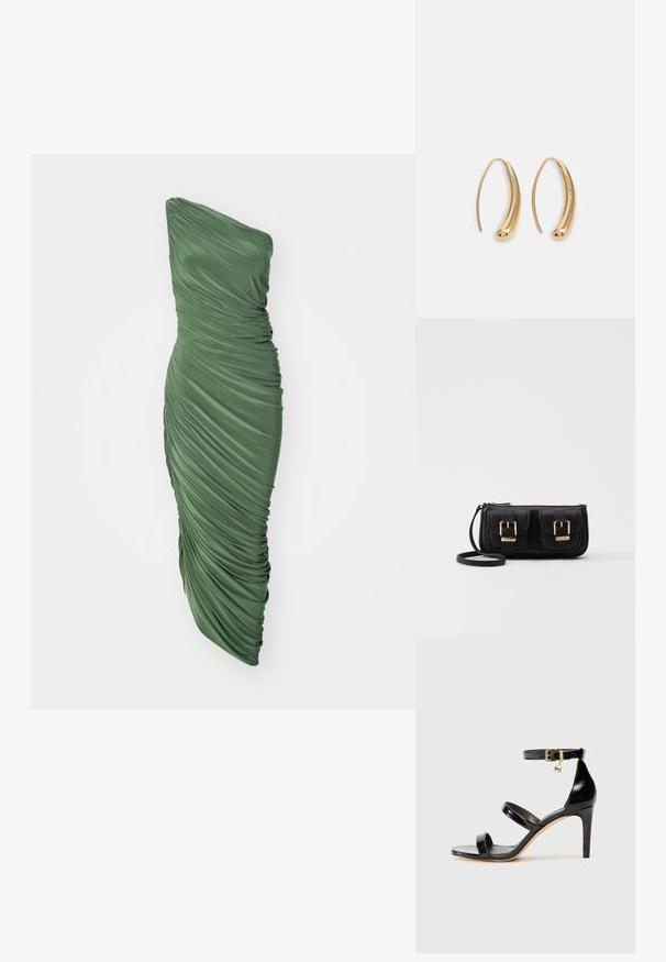 Vihreä, yhdellä olalla oleva mekko, joka on valmistettu kerätystä, teksturoidusta kankaasta ja jossa on vartaloa myötäilevä siluetti, joka laskeutuu helmaan.; Musta patentoitu nahkasandaali, jossa on kolme hihnaa, nilkkasolki ja 4 tuuman stiletto-korko. Varustettu kultaisilla yksityiskohdilla ja logokoristeella.; Musta nahkainen olkalaukku, jossa on kaksi etutaskua, kultaiset soljet, vetoketjukiinnitys ja kapea hihna. Teksturoidun pinnan ja kompaktin suorakaiteen muoto.; Korvakorut kultasävytteistä metallista, joissa on kaareva, pitkänomainen muoto. Ominaisuuksiin kuuluu sileä, kiiltävä pinta ja pyöreä kärki lisäyksinä.
