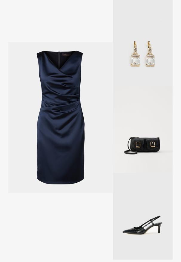 Mørkeblå satin kjole med V-hals, uden ærmer, smockdetaljer ved taljen og en diskret lynlås lukning bagpå.; Sorte patent slingback hæl med spids tå, prydet med tekstureret slangeskindsmønster, justerbar rem og en kort, tekstureret blokhæl.; Sort læder crossbody taske med to frontlommer, guldspænder, lynlåslukning og en slank rem. Struktureret overflade og kompakt rektangulær form.; Guldtonede øreringe med et rektangulært, klart krystal, der hænger under en række af små, runde klare accenter. Elegant, moderne design.