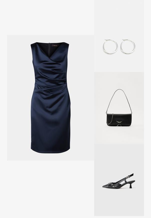 Navy satin dress with a V-neck, sleeveless design, ruched detailing at the waist, and a discreet zipper closure at the back.; Black leather slingback shoe with a pointed toe, decorative straps featuring metal eyelets, and a low block heel. Textured surface.; Black leather handbag with a silver chain strap, featuring decorative wing accents and white stitching along the bottom seam.; Silver hoop earrings feature a smooth, rounded design with a thin profile and secure clasp. Minimalistic style with a polished finish.
