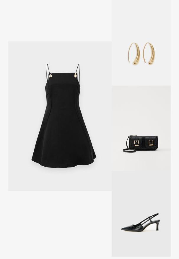 Black sleeveless dress with adjustable thin straps, featuring gold hardware accents and a flared silhouette. Smooth fabric texture.; Black patent slingback heel with a pointed toe, featuring textured snake print, adjustable strap, and a short, textured block heel.; Black leather crossbody bag with two front pockets, gold buckles, zipper closure, and a slim strap. Textured surface and compact rectangular shape.; Gold-tone metal hoop earrings with a curved, elongated shape. Features a smooth, shiny surface and a rounded tip for added detail.