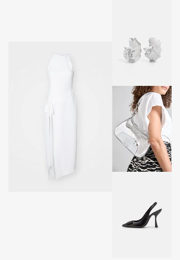 Balta be rankovių suknelė su aukštu apykakle, turinti asimetrinį kraštą, šoninius dirželius ir sklandžią tekstūrą.; Juoda odinė slingback tipo avalynė su smailiu pirštu, siauru aukštu kulnu ir dekoratyvine kaspino akcentu. Lygi tekstūra ir elegantiškas dizainas.; Sidabro spalvos metalinė peties kuprinė su lygiu paviršiumi, išlenkta forma, grandinėlės rankena ir blizgiu priekiu, kuriame subtiliai išgraviruotas logotipas.; Sidabriniai auskarai su tekamu, spiraliniu dizainu. Lygus paviršius su blizgiu apdaila. Yra švelni blizgesys ir jokie matomi papuošimai.