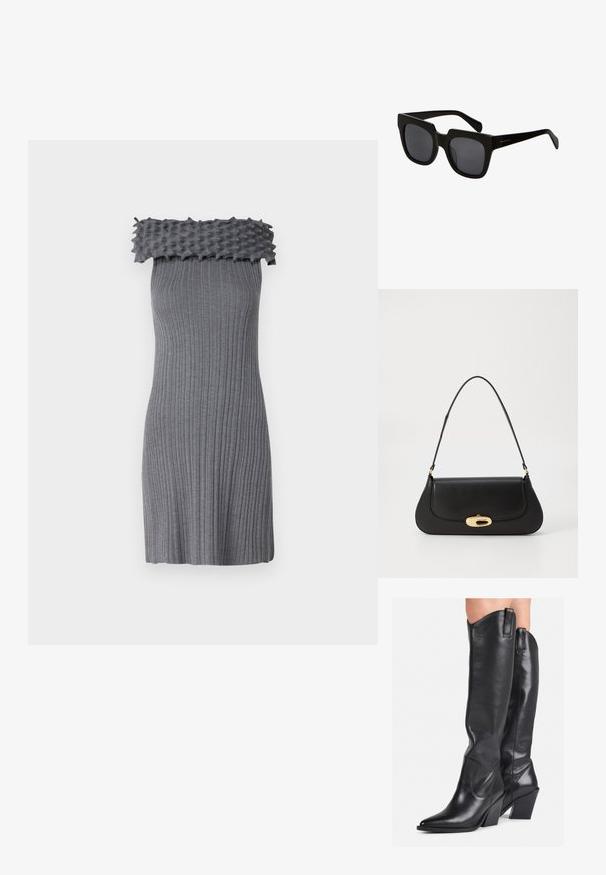 Pilkas megztinis su tekstūru, banginiu of-šalčio dekolte. Yra vertikalių raukšlių, prigludusi siluetas ir minkšta medžiaga.; Juodos odinės iki kelių ilgio botai su smailiu priekiniu kampu, lenktu šlaunies dizainu ir storu kulnu. Su lygia tekstūra ir užtrauktukais viršuje.; Juodos stačiakampės saulės akinios su storais plastikiniais rėmeliais ir tamsiais objektyvais. Rėmeliai yra elegantiški, su blizgiu paviršiumi ir minimaliais prekės ženklo ženklais.; Juodas odinis rankinės su išlenktu dizainu, auksinių atspalvių furnitūra ir viršutine rankena. Savybės - stilingas uždarymas ir glotni tekstūra.