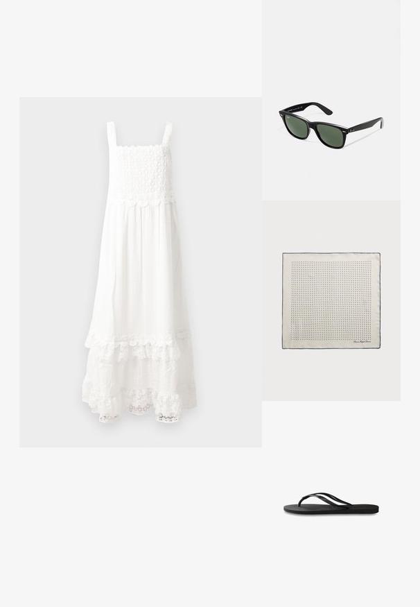 Vestido longo branco em tecido texturizado, apresentando um corpete franzido, alças ajustáveis e um acabamento de renda na bainha.; Chinelo preto com sola de borracha texturizada, duas tiras finas e um detalhe de logotipo discreto em relevo na tira.; Óculos de sol de plástico preto com lentes verdes, armações quadradas, detalhe prateado na sobrancelha e hastes texturizadas. Marca indicada na parte interna da haste.; Lenço de seda em creme com uma borda azul-marinho, apresentando pontos azul-marinho espaçados uniformemente que formam um padrão. Assinatura impressa no canto.