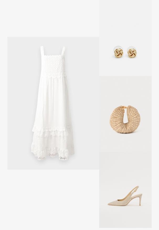 Langes weißes Kleid aus strukturiertem Stoff, mit einem gerafften Oberteil, verstellbaren Trägern und einer Spitzenkante am Saum.; Spitz zulaufender Slingback-Schuh aus metallic-goldenem Stoff mit dezenter Textur, ausgestattet mit einem schmalen Absatz und einem runden Verschluss am Knöchel.; Cult Gaia UBAH - Clutch - wheat; Goldfarbene Ohrstecker mit Knoten in gedrehter Ausführung. Jeder Ohrstecker verfügt über eine runde, transparente Rückseite für sicheren Halt.