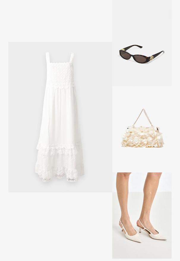 Hosszú fehér ruha texturált anyagból, smockolt mellrésszel, állítható pántokkal és csipkefödéssel az alján.; Beige patent bőr slingback magassarkúk hegyes orral és 5 cm-es sarokkal, kivágott oldalakkal és vékony bokapánttal.; Tortából készült napszemüveg, hosszúkás ovális lencsékkel, barna színű árnyalattal, arany logóval a fülkagylón, és karcsú fekete szárakkal.; Fehér virágmintás kézitáska gyűrt szövet felülettel, aranyszínű lánccal és fémetaljzattal. Textúrázott szirmokkal készült a részletesebb megjelenés érdekében.