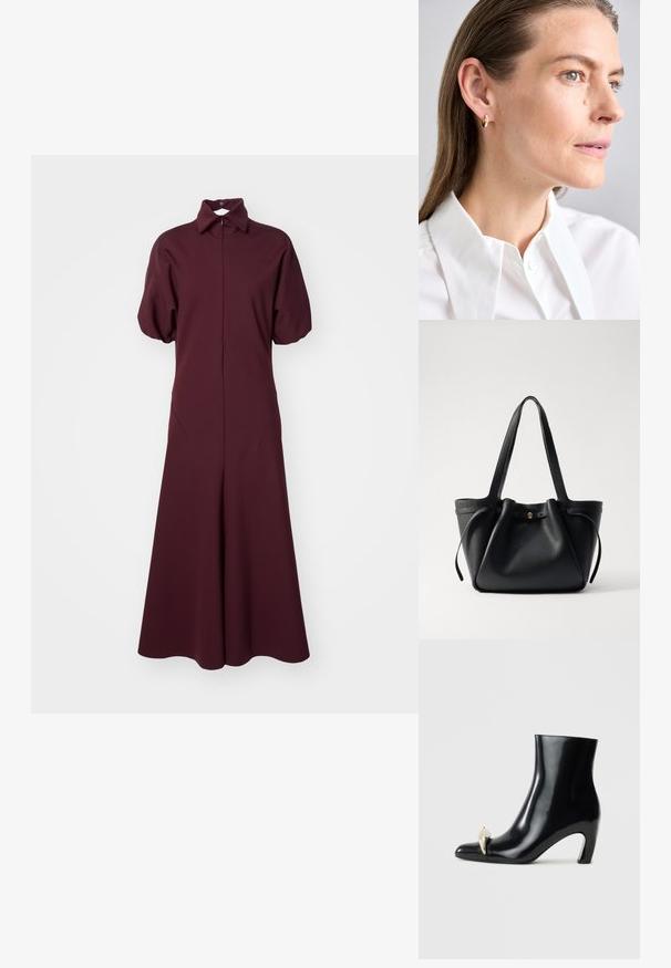 Burgundi pikk kleit kaelakaeluse, lühikeste puffvarrukate ja täiskorsetiga. Valmistatud siledast kanga, millel on kerge läiked.; Must musta, läikiva nahast, terava varbaga ja dekoratiivse kullast ja hõbedast aktsendiga esiosas. Blokeeritud kontsa disain.; Must musta kott, millel on kaks pikka rihma, kergelt kokkusurutud ülaosa ja kuldne ümmargune aksessuaar. Sile tekstuur ja minimalistlik disain.; Kuldne tõmbekõrvarõngas väikese dekoratiivse sädeleva kivi aktsendiga. Kandnud otsejuuksega mudel, kes on kokku pandud valge kraega särkiga.