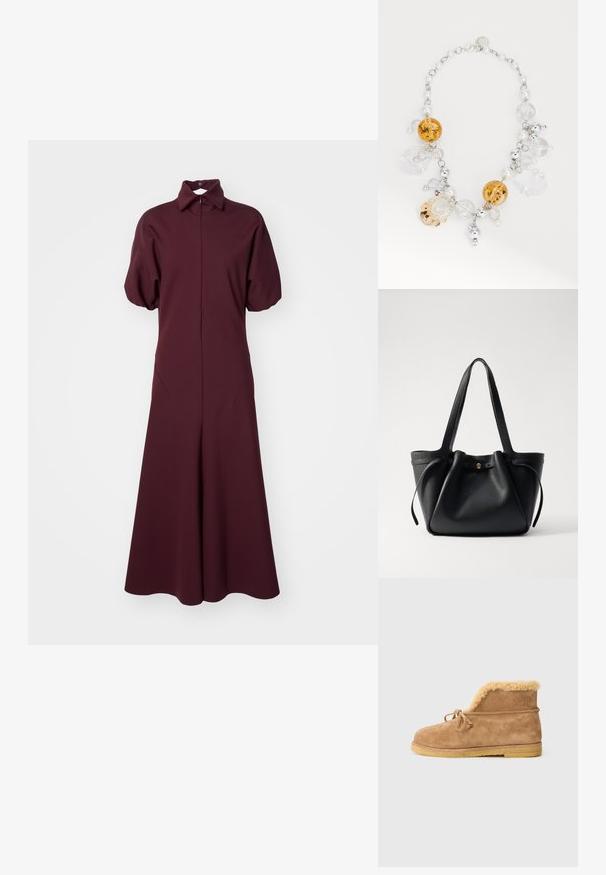 Bordová dlhá šaty s golierom, krátkymi puff rukávmi a plnou sukňou. Vyrobené z hladkej tkaniny s jemným leskom.; Hnedé semišové členkové topánky s fleecovou podšívkou, šnúrkovým detailom na prednej strane a plochou gumovou podrážkou na bielom pozadí.; Čierna kožená taška na rameno s dvoma dlhými popruhmi, sťahovaným vrcholom a zlatým kruhovým akcentom. Hladký povrch s minimalistickým dizajnom.; Náhrdelník s jantárom, priehľadnými a striebornými korálkami, kombinujúcimi guľaté a oválne tvary, spojený strieborným reťazcom a doplnený perličkami.